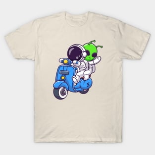 Cute Astronaut And Alien Riding Scooter Cartoon T-Shirt